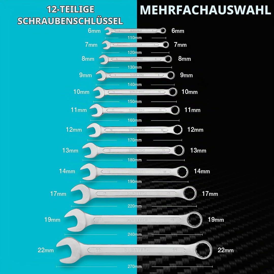 DURATECH Ringmaulschlüssel Set Gabelringschlüssel-Satz, 12-teilig Set, SW 6-22mm, DIN 3113, Chrom-Va