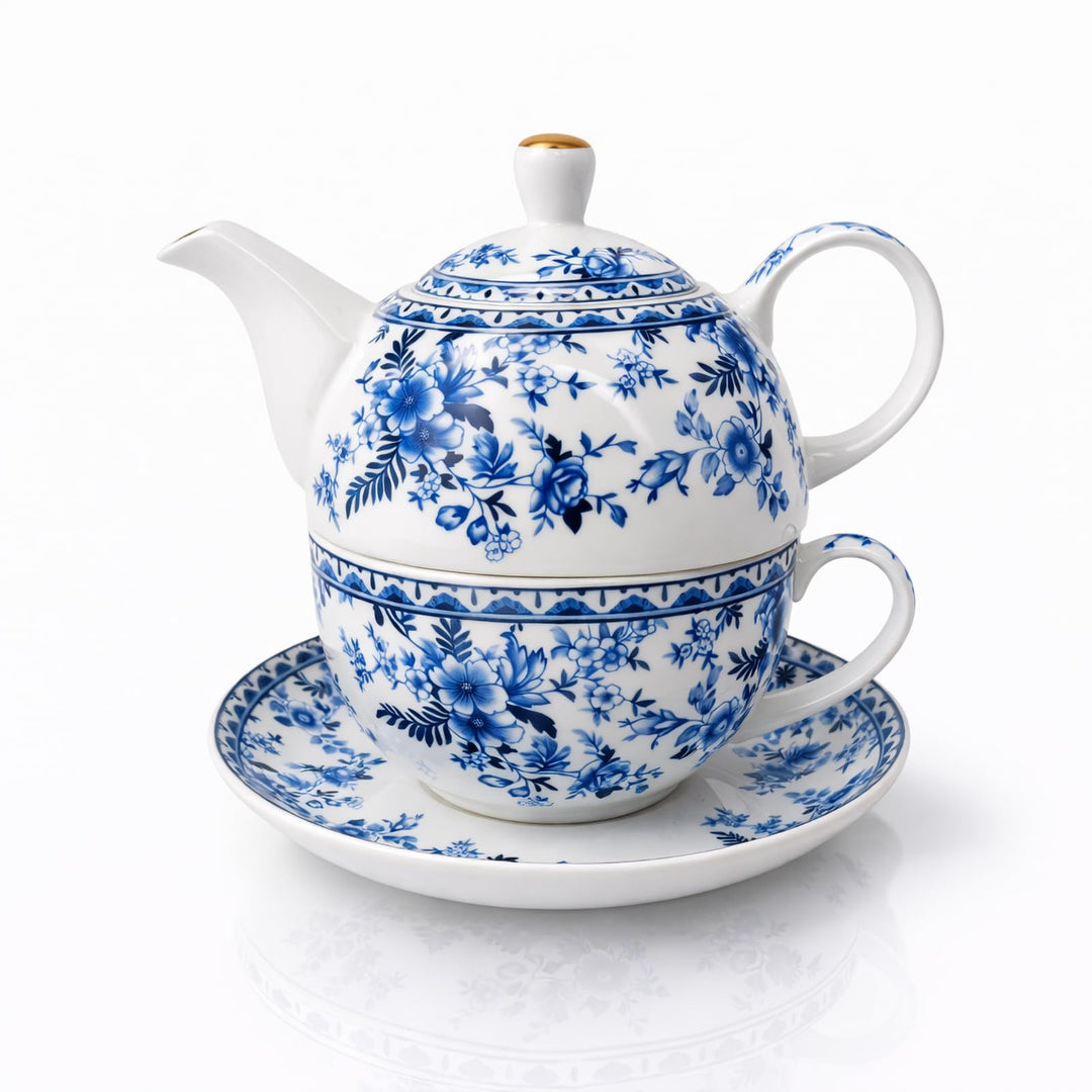 Porcelain Tea for One Set Beautiful Flower Ceramic Teapot with Cup Gifted Box (Blue and White), Blue