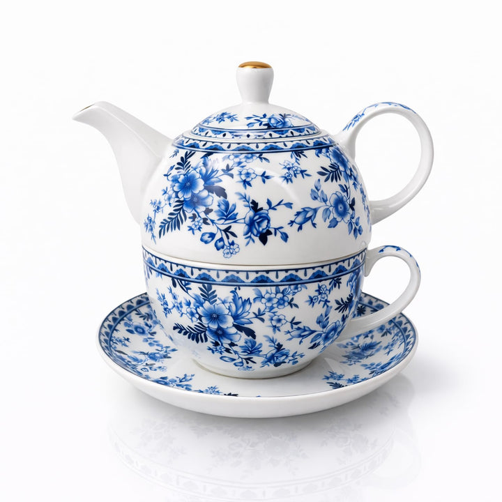 Porcelain Tea for One Set Beautiful Flower Ceramic Teapot with Cup Gifted Box (Blue and White), Blue