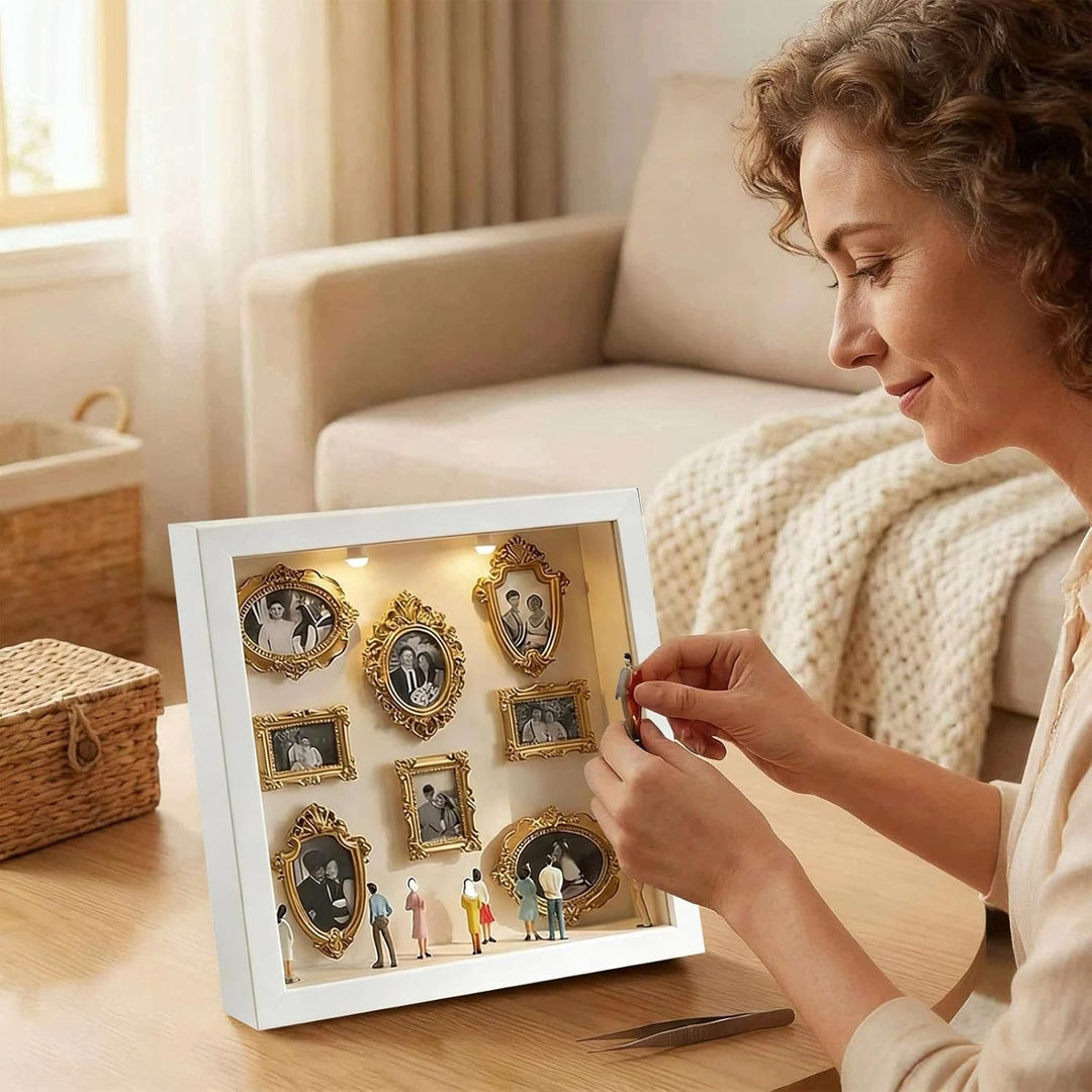 DIY-Mini-Museums-Silhouettenbox Foto-Erinnerungsset:Bilderrahmen mit LED-Licht, 8 Mini-Goldrahmen 8