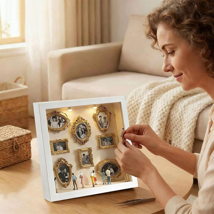 DIY-Mini-Museums-Silhouettenbox Foto-Erinnerungsset:Bilderrahmen mit LED-Licht, 8 Mini-Goldrahmen 8