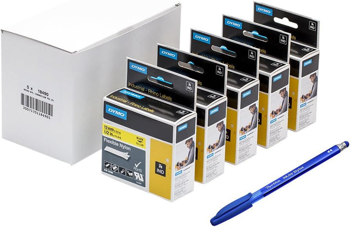 Dymo 18490 Rhino Industrieletiketten, flexibel, Nylon, 12 mm x 3,5 m, Schwarz auf Gelb, 5 Stück