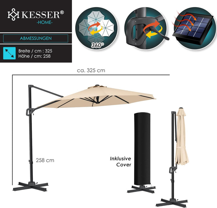 KESSER® Sonnenschirm Ampelschirm SUN Rund XL Ø330 cm Inkl. Abdeckung + Windsicherung 7-Fach Verstell