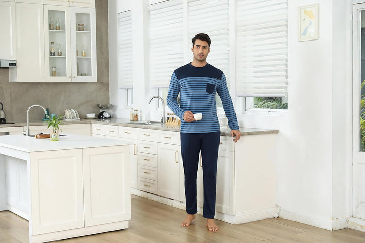 Irdcomps Schlafanzug Herren Pyjama Lang Winter Baumwolle Nachtwäsche Männer Set Langarm Gestreift M