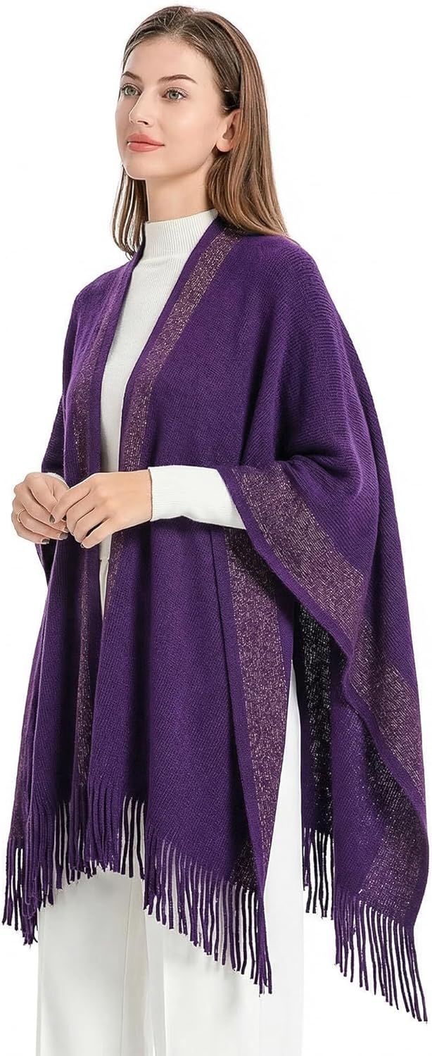 ZLYC Damen Weiche Schlichte Poncho Capes Retro Cardigans Pullover Violett, Violett
