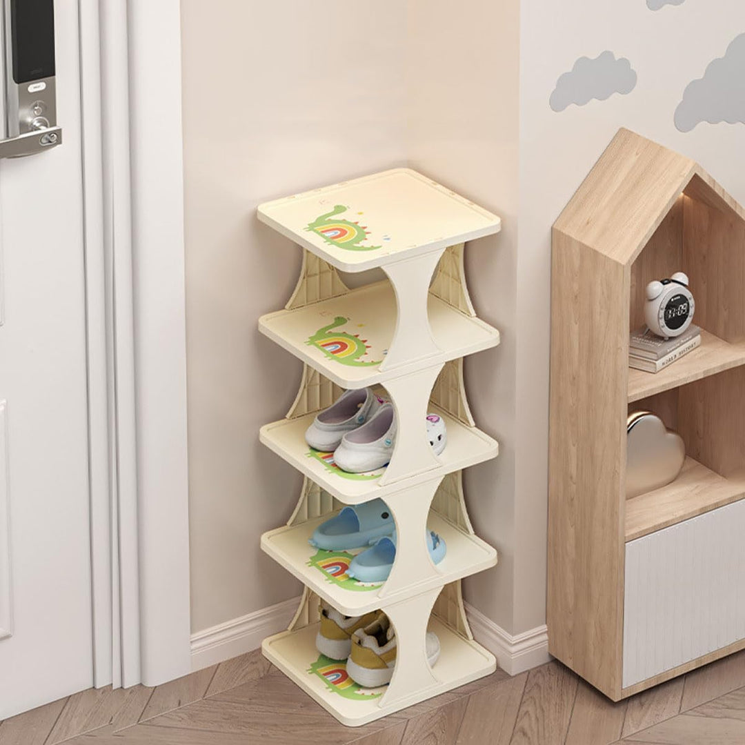 Schuhregal Kinder Verstellbar, 6 Stöckige Schuhregal Schmal und Hoch, Shoe Rack Weiss mit Dinosaurie