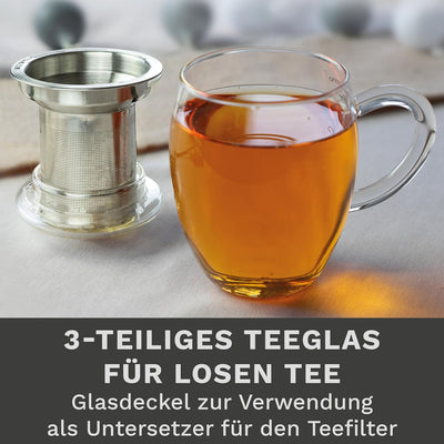 Creano Teeglas all in one 400ml, Grosse Teetasse mit Edelstahlsieb und Deckel aus Glas, Teebereiter