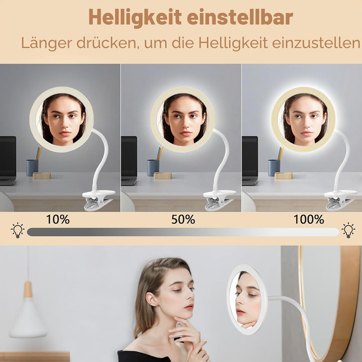 TUSHENGTU 16,5 cm Clip-on-Schminkspiegel mit Licht, Schwanenhals-Reise-Flachspiegel, USB-Aufladung (
