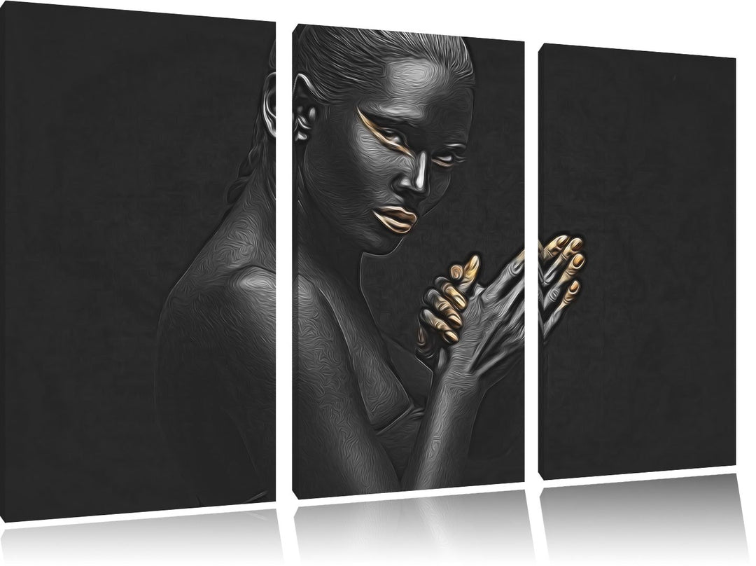 Dark Frau mit goldenen Fingerspitzen und Lippen Spezial 3-Teiler Leinwandbild 120x80 Bild auf Leinwa