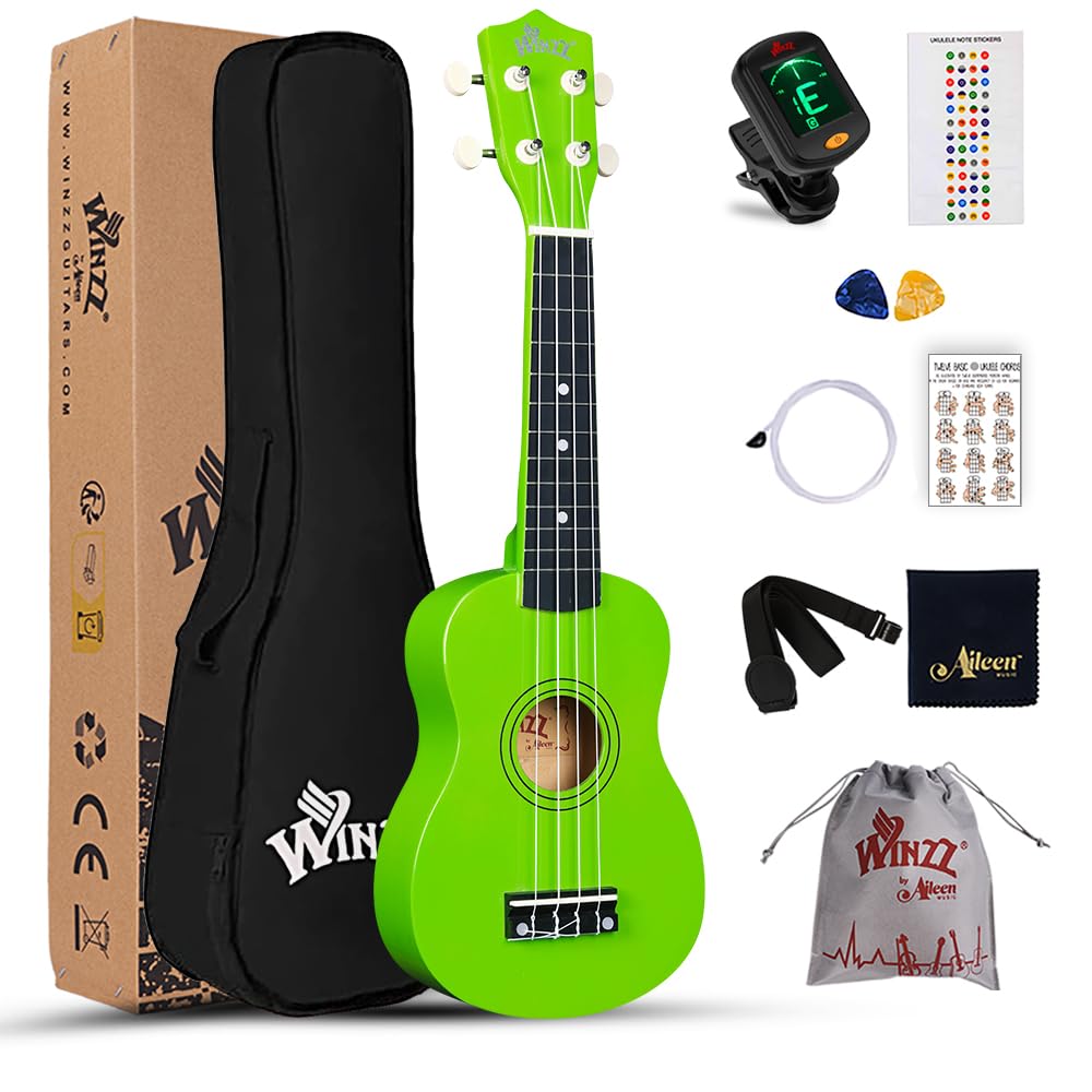 Winzz Sopran Ukulele Starter Kit für Anfänger mit Tasche, Clip-On Tuner, Zusätzlichen Saiten, Gurt,