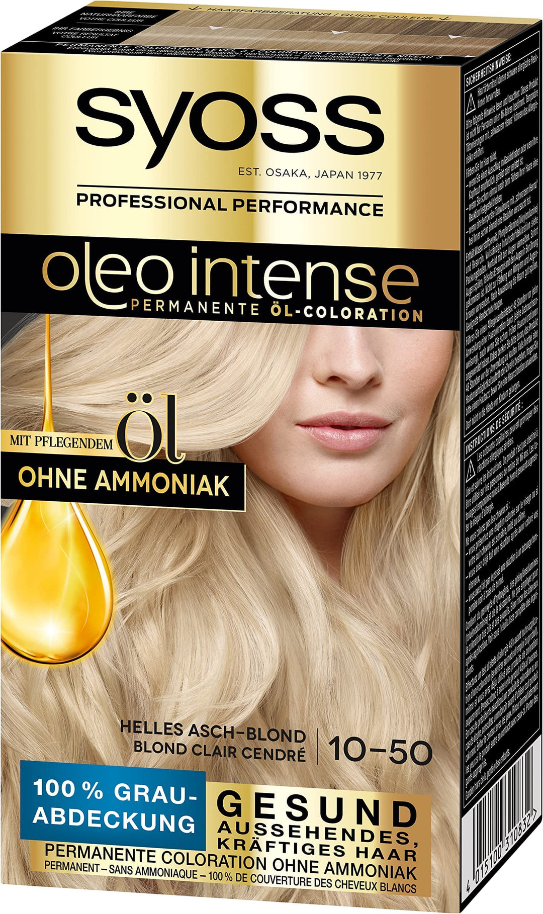 Syoss Oleo Intense Öl-Coloration 10-50 Helles Asch-Blond Stufe 3 (115 ml), dauerhafte Haarfarbe mit
