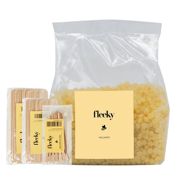 Fleeky Waxing Set 400 g Wachsperlen aus Bienenwachs &amp; 60 Holzspatel S, M, L – Warmwachs Haarentfernu