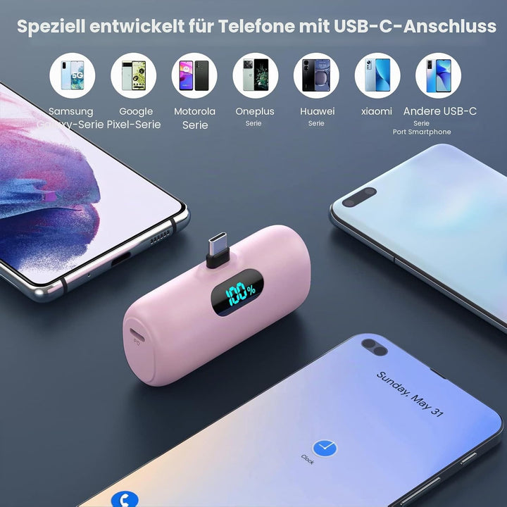 Power Bank USB C 5000mAh, Mini Powerbank Klein Aber Stark 15W PD 3.0 Schnelles Aufladen Tragbares Ex