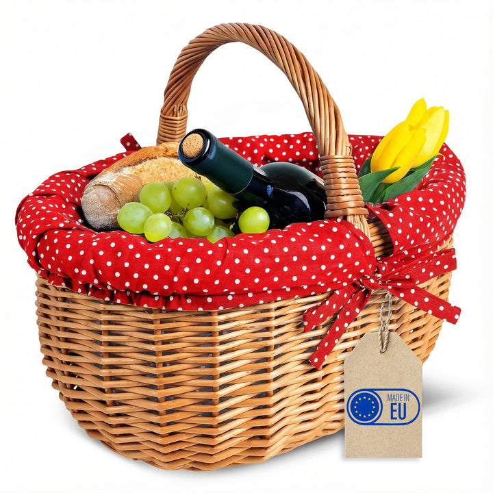 Creative Home Grosser Picknickkorb mit Stoffeinlage Rot mit Pünktchen Weidenkorb mit Henkel | Einkau