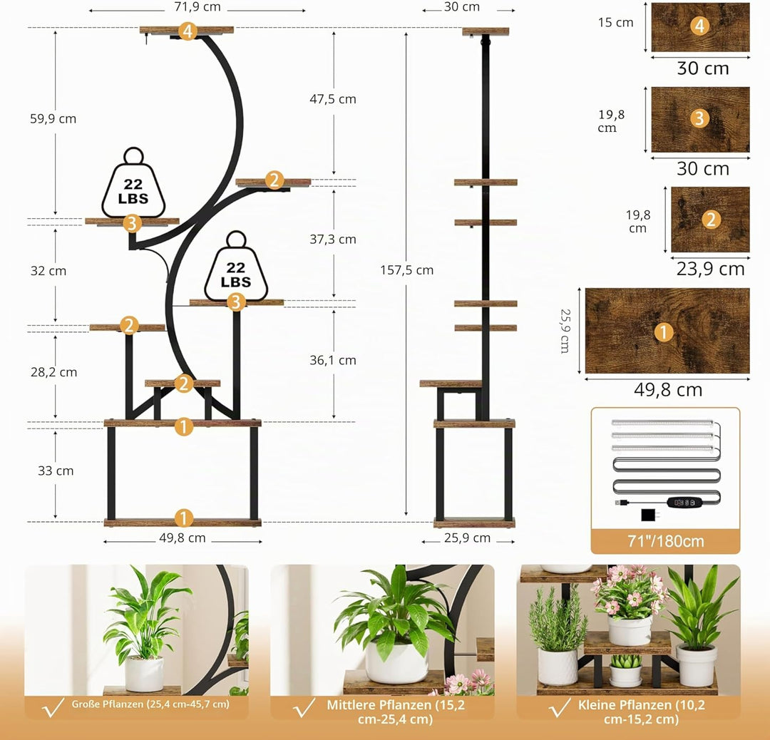 BACEKOLL Pflanzenständer mit Wachstumslicht - 8 Ebenen Blumenständer 157cm Metall Holz Pflanzenregal