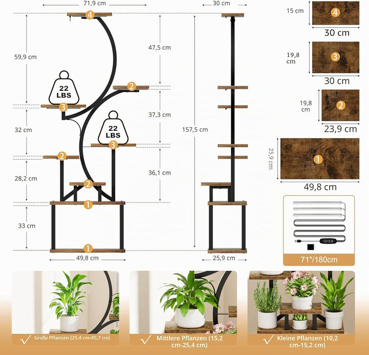 BACEKOLL Pflanzenständer mit Wachstumslicht - 8 Ebenen Blumenständer 157cm Metall Holz Pflanzenregal