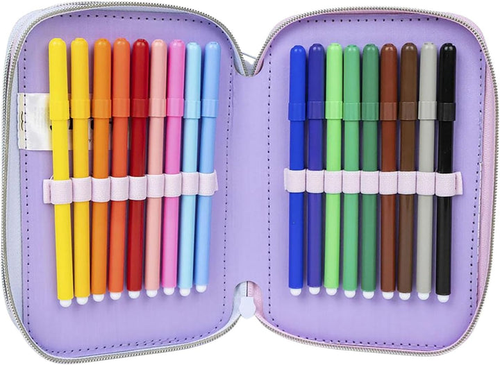 Federmäppchen 3-Fach – 44-teilig gefüllt – für Stitch und Angel Fan – mit Filzstiften, Buntstiften,