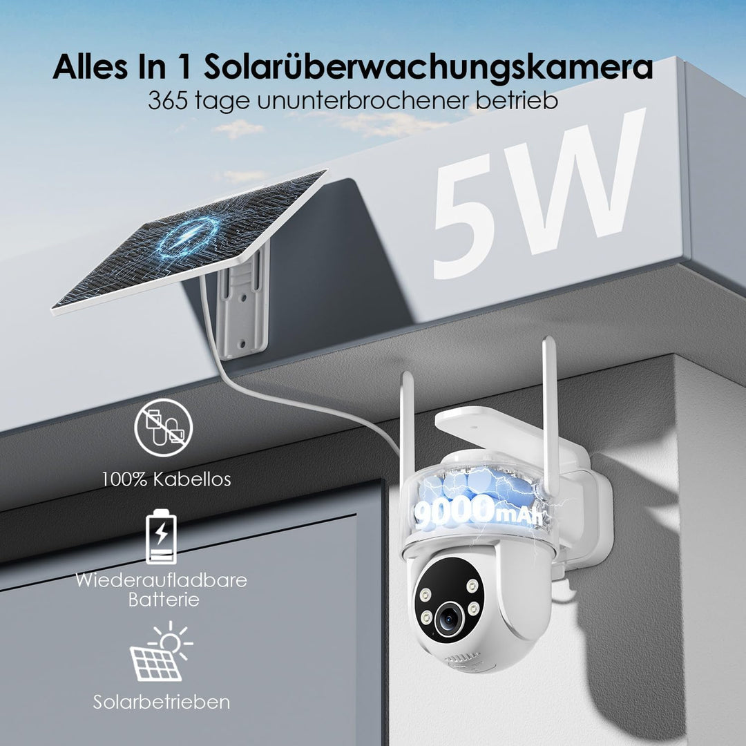 Alles in 1 Überwachungskamera Aussen Akku Solar, 2K, 100% Kabellos, 360° PTZ Kamera Überwachung Auss