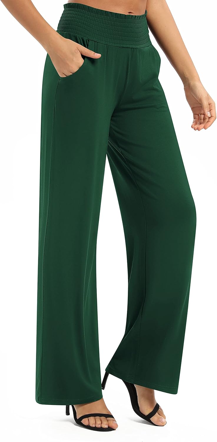 EXCHIC Damen Einfarbig Lose Gerade Geschnitten Palazzo Hose Hohe Taille Dehnbar Lounge Hose mit Tasc