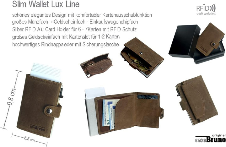 Minigeldbörse Herren braun Leder mit silber ALU Kartenhalter und Münzfach RFID Schutz, Herren Damen