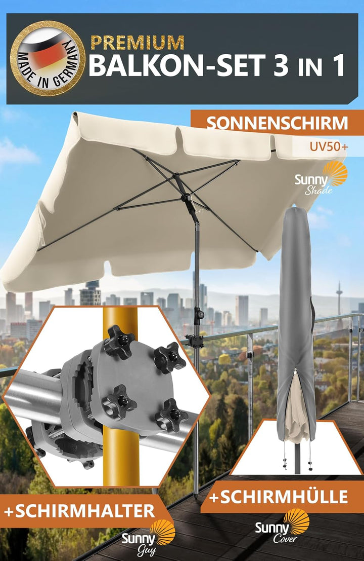 4smile Sonnenschirm Balkon SunnyShade, Beige - 3-in-1 SET Sonnenschutz Balkon - UPF 50+ Sonnenschirm