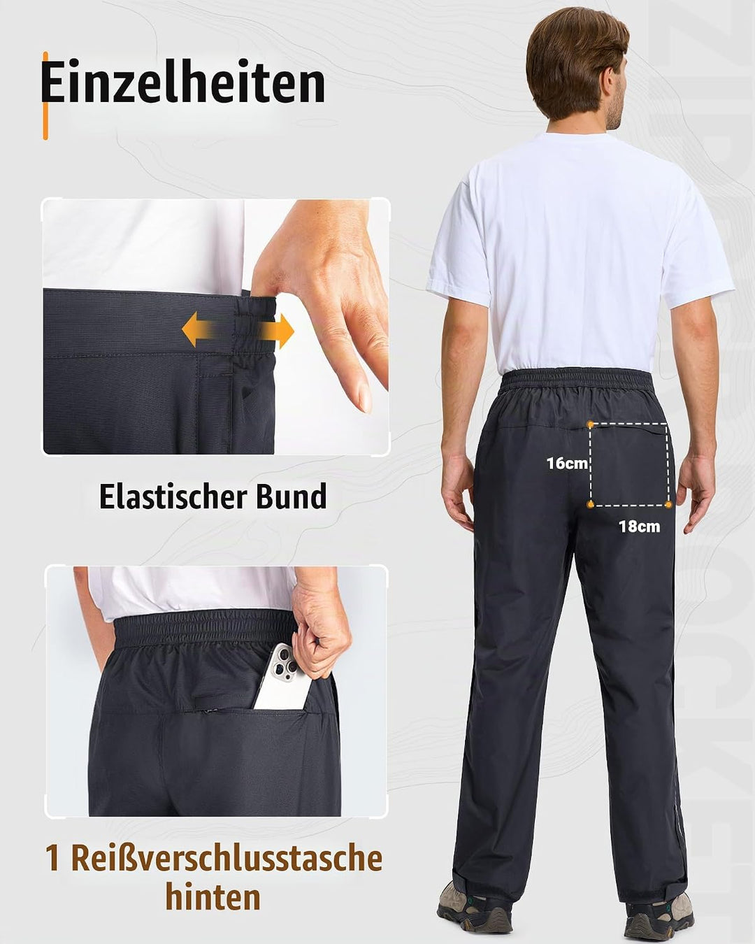 33,000ft Regenhose Herren Wasserdicht Full Zip Wanderhose, Atmungsaktiv 2-Lagen Überziehhose Fahrrad
