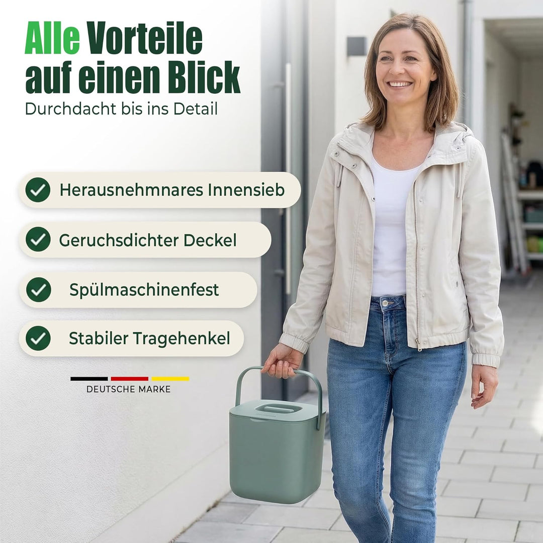 YourCasa Biomülleimer Küche 4L - Komposteimer mit herausnehmbarem Sieb & Deckel - geruchsdicht, spül
