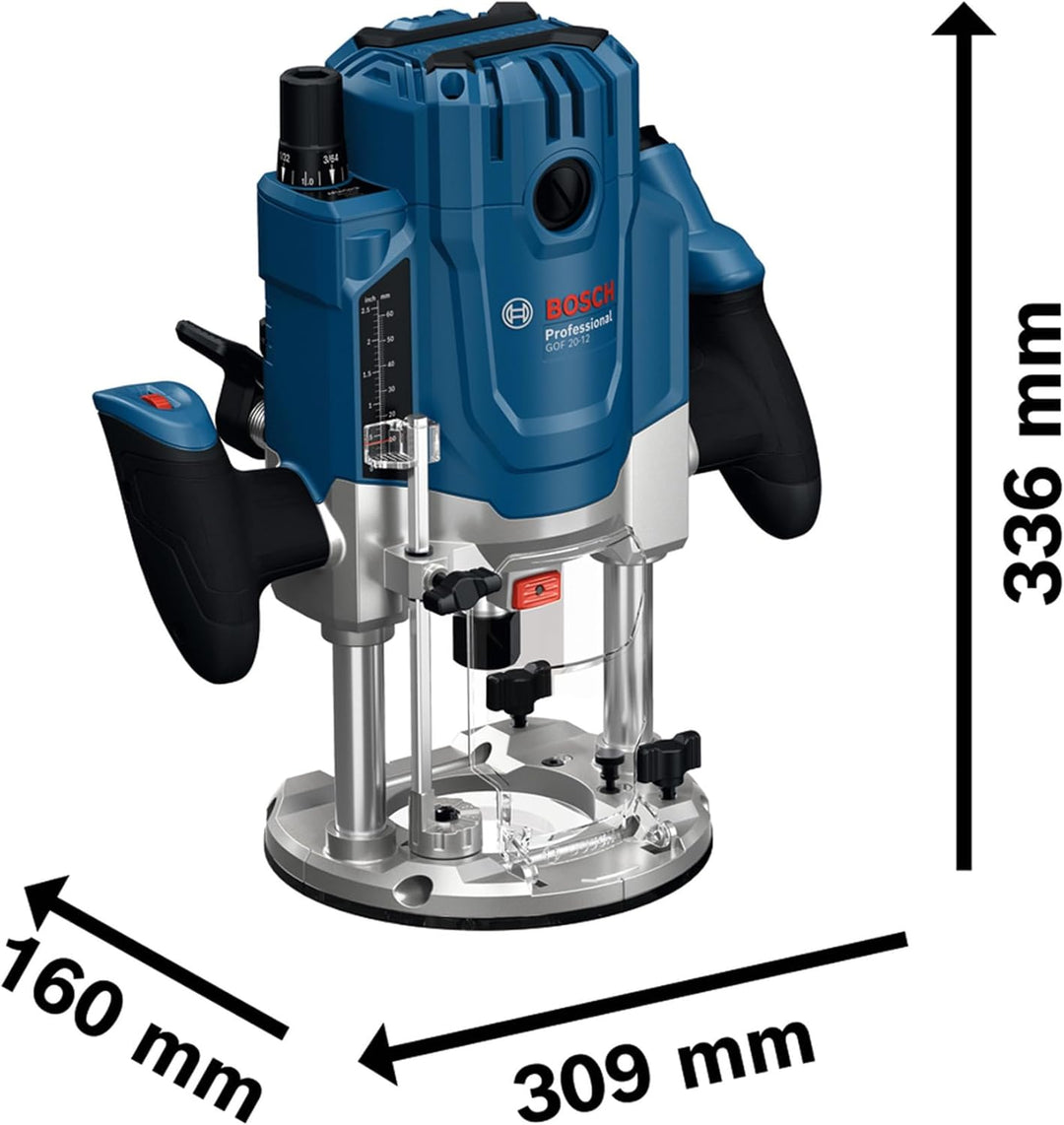 Bosch Professional kabelgebundene Oberfräse GOF 20-12 (2000W, inkl. Staubabsaugung, Rollenführung un