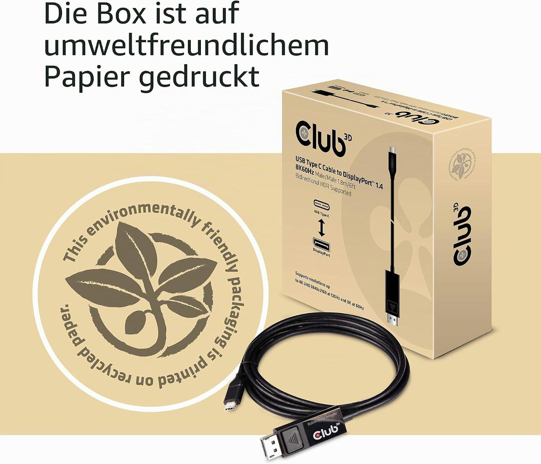 Club 3D USB Adapterkabel 1, 8m Typ-C zu Displayport 8K60Hz HDR Schwarz CAC-1557