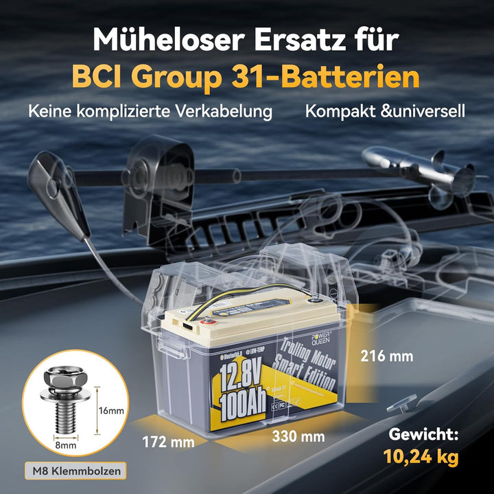 Power Queen LiFePO4 12V 100Ah Bluetooth Batterie, mit Tieftemperaturschutz und 100A BMS, Max. 15000