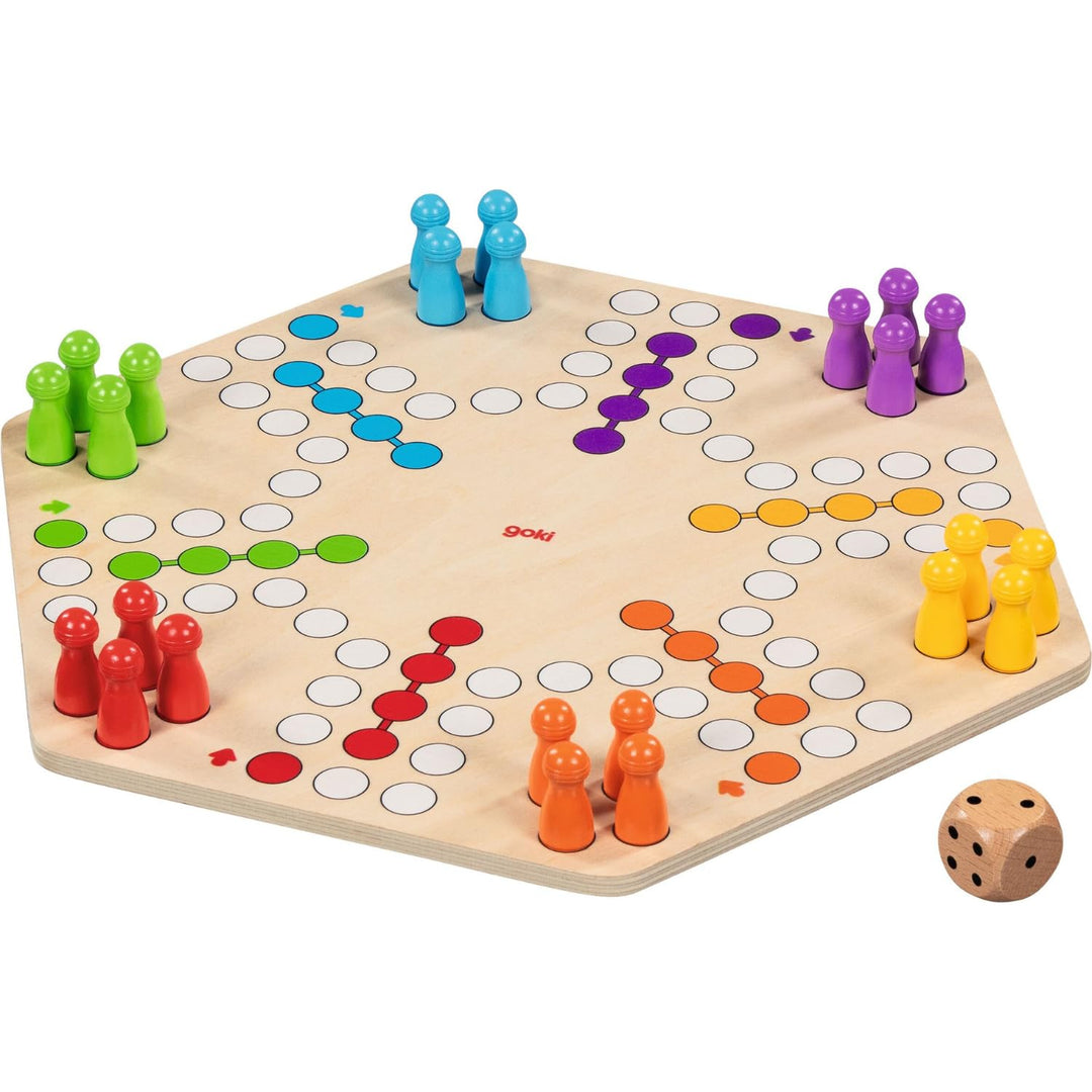 goki 56298 – Ludo für bis zu 6 Spieler aus Holz – Gesellschaftsspiel im XL-Format, Durchmesser ca. 3