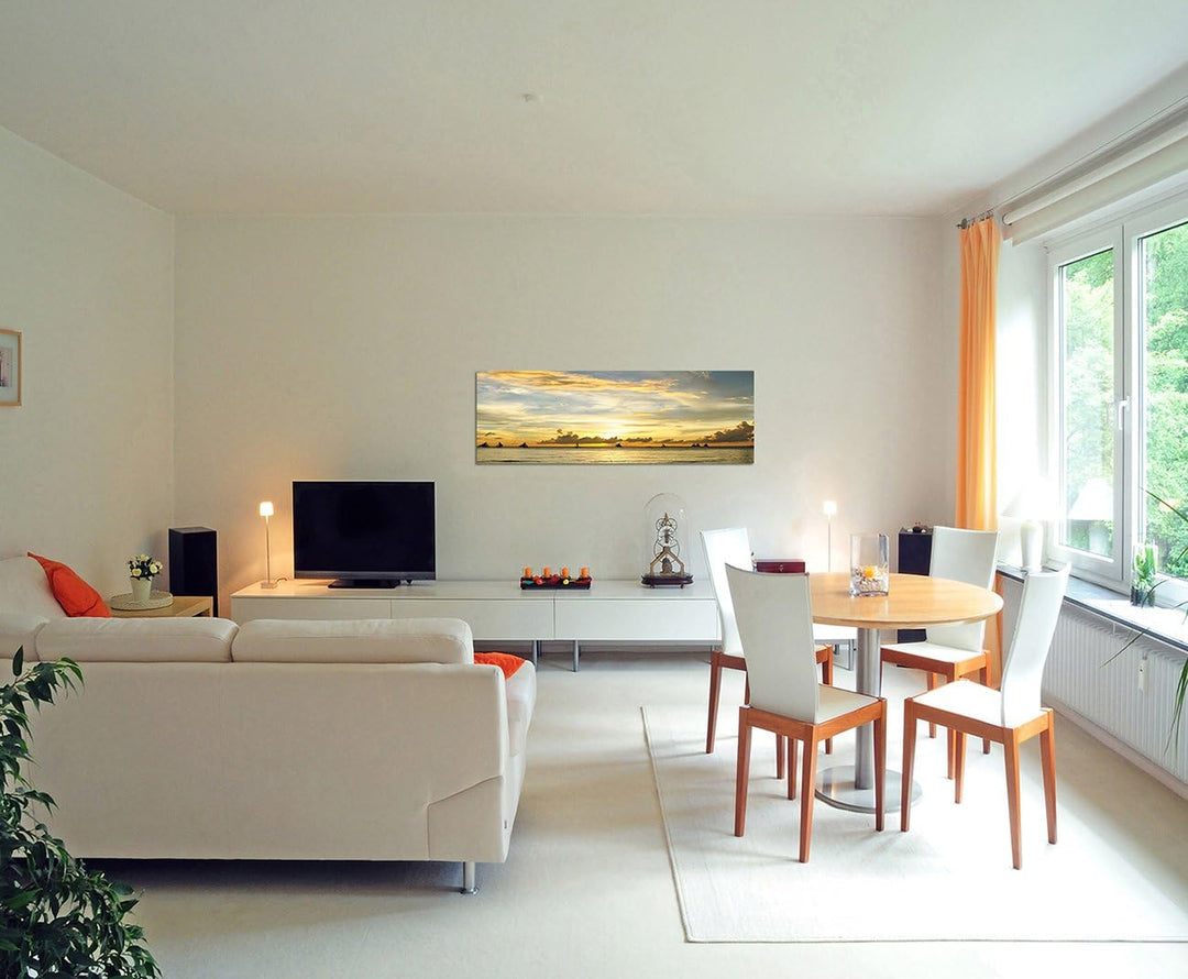 Paul Sinus Art Panoramabild auf Leinwand und Keilrahmen 150x50cm Philippinen Meer Boote Sonnenunterg