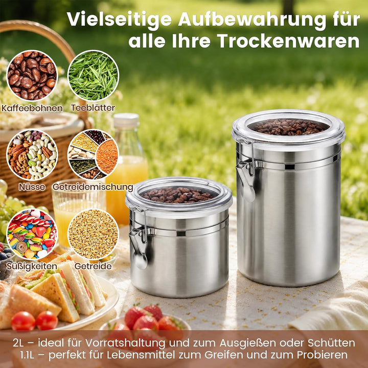 3 Stk Kaffeedose Edelstahl 2L&amp;1.1L, Kaffeedose Luftdicht 500g | Kaffeedose für Gemahlenen Kaffee, Ka