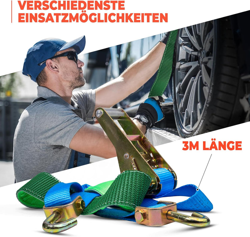 4 Stück | Für den Auto Zurrgurt | 3000 KG | Länge 3200 | Spanngurt | PKW | Radsicherung | Radverzurr