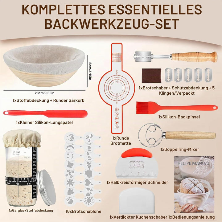 Gärkörbchen Set 25-teilig inkl. Mutterhefe | Rattan Gärkorb 23 cm oval &amp; Rundformen | Komplettes Bro