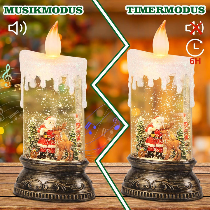 Eldnacele Schneekugel Weihnachtslaterne mit Timer & Musik, fliegendem Weihnachtsmann mit Rentieren,