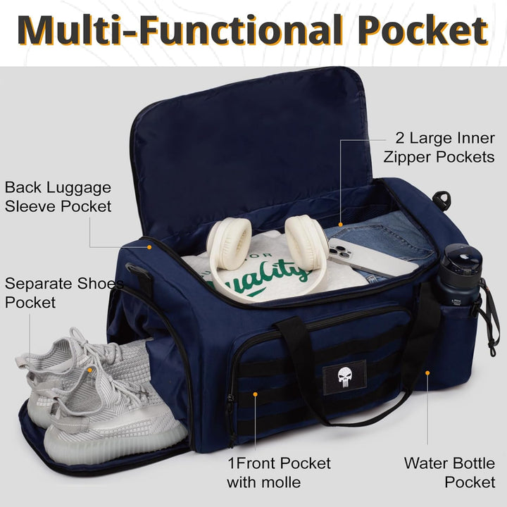 Taktische Sporttasche für Herren, 40L grosse Reisetasche mit Schuhfach, Sporttasche mit Nassfach, Mu