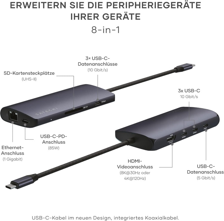 SATECHI 8-in-1 USB-C Hub Multiport Adapter V3, 8K@60Hz HDMI, 100W Ladeleistung, 4X USB-Datenanschlüs