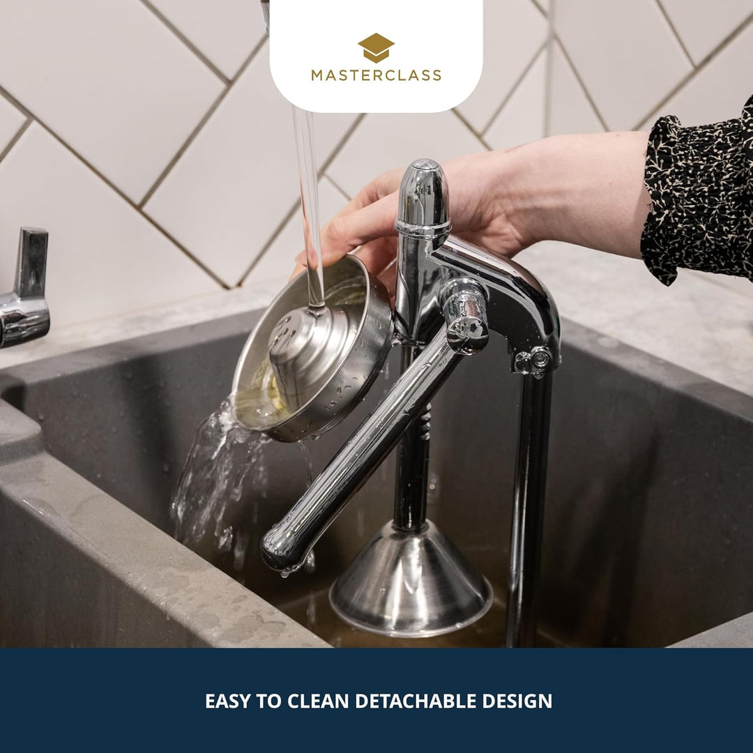 masterclass KitchenCraft "Deluxe" Saftpresse Edelstahl Manuell, Farbe: Silber, mit Sieb für Kerne un