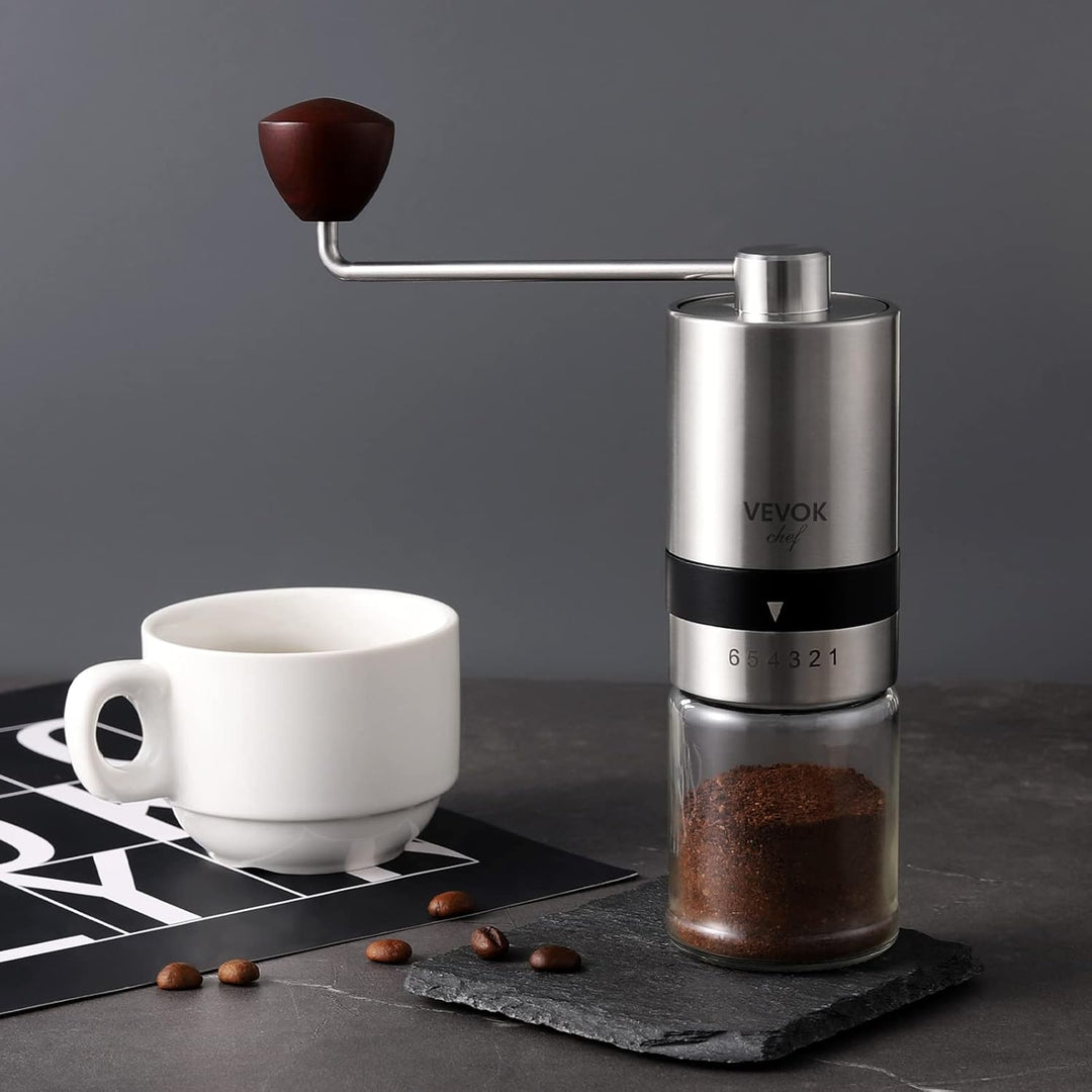 Vevok Chef Manuelle Kaffeemühle mit 6 verstellbaren Einstellungen, Edelstahl-Frässtifte, tragbare Ed