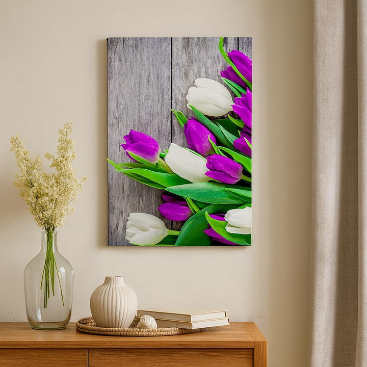 Bilder auf Leinwand 55x100cm Leinwandbild mit Rahmen Tulpen Holz Blumenstrauss Blumen Gross Wanddeko