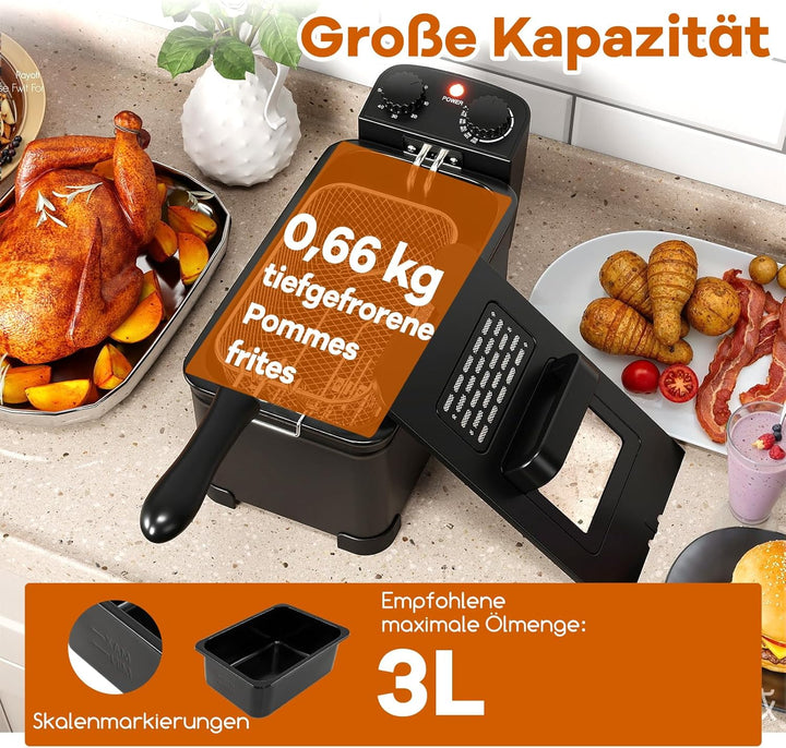 COSTWAY Fritteuse 3L, 2000 W Friteuse mit Öl, Fettfriteuse mit einstellbarem Thermostat 150-190℃ & T