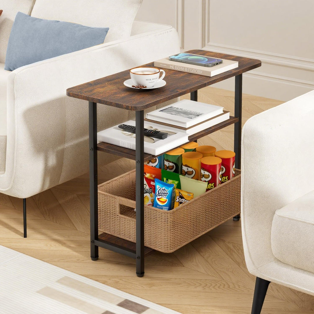 MISSLO Beistelltisch Couch, Schmaler Sofatisch, 3-Etagiger Holz Nachttisch mit breiter Ablage, Klein