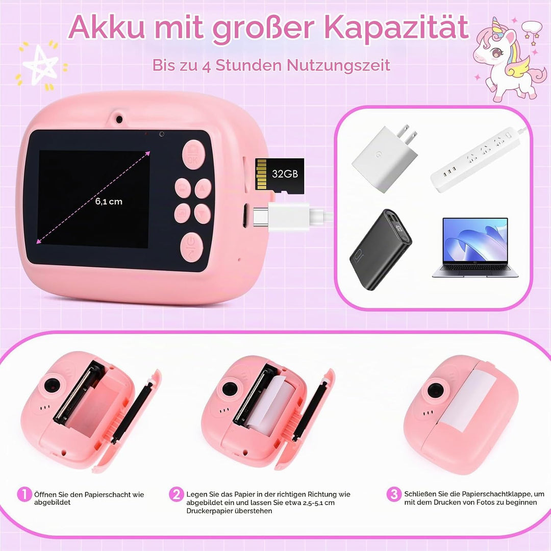 Sofortbildkamera, 2,4 Zoll (6,1 cm) Display, Digitalkamera für Kinder, Videokamera mit Druckpapier u