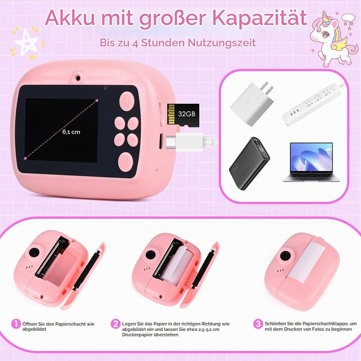 Sofortbildkamera, 2,4 Zoll (6,1 cm) Display, Digitalkamera für Kinder, Videokamera mit Druckpapier u