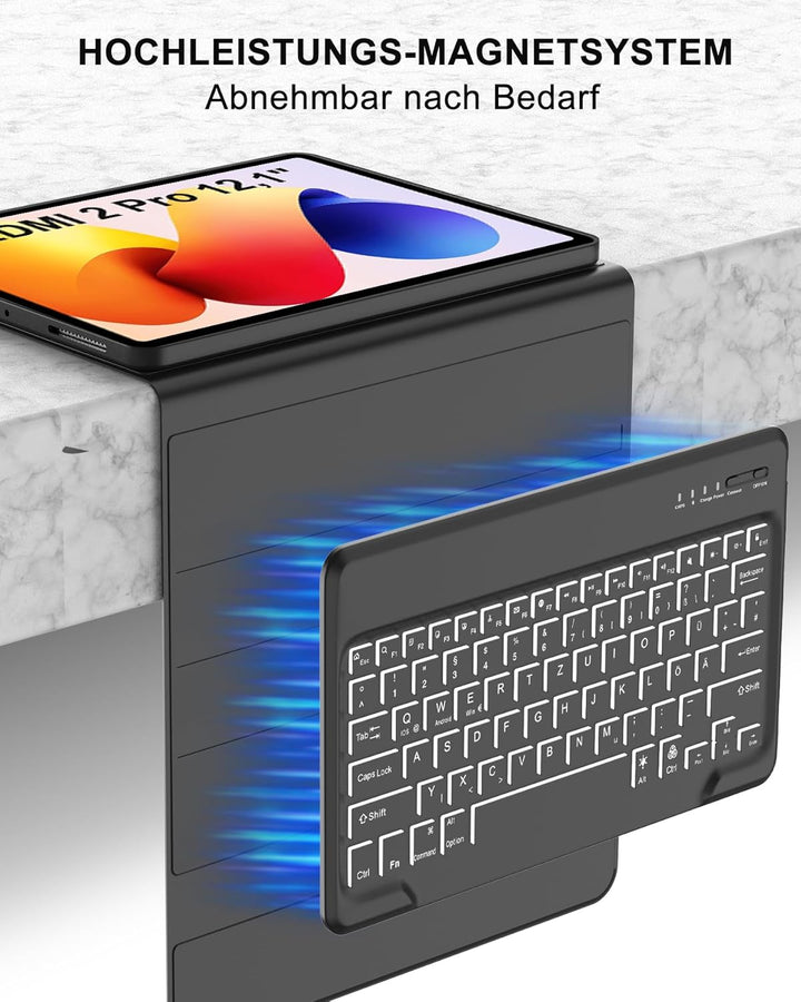 Beleuchtete Tastatur Hülle für Redmi Pad 2 Pro 12,1" 2025, mit 7-Farben LED ohne Trackpad – Abnehmba