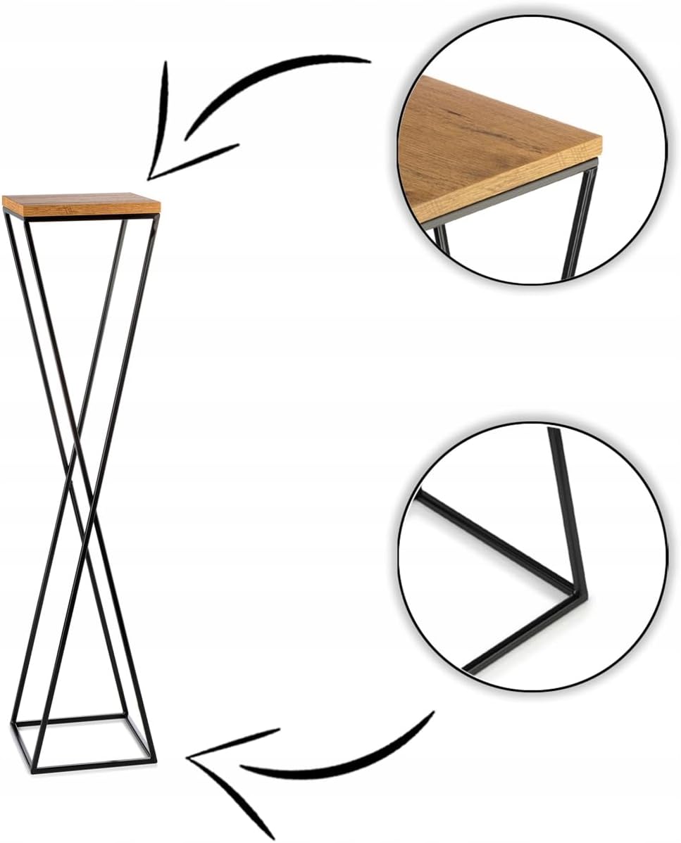 Pflanzenständer Metall 100 cm Hoch - Stabiler und Fester Blumenhocker mit Eiche Optik MDF-Platte auf