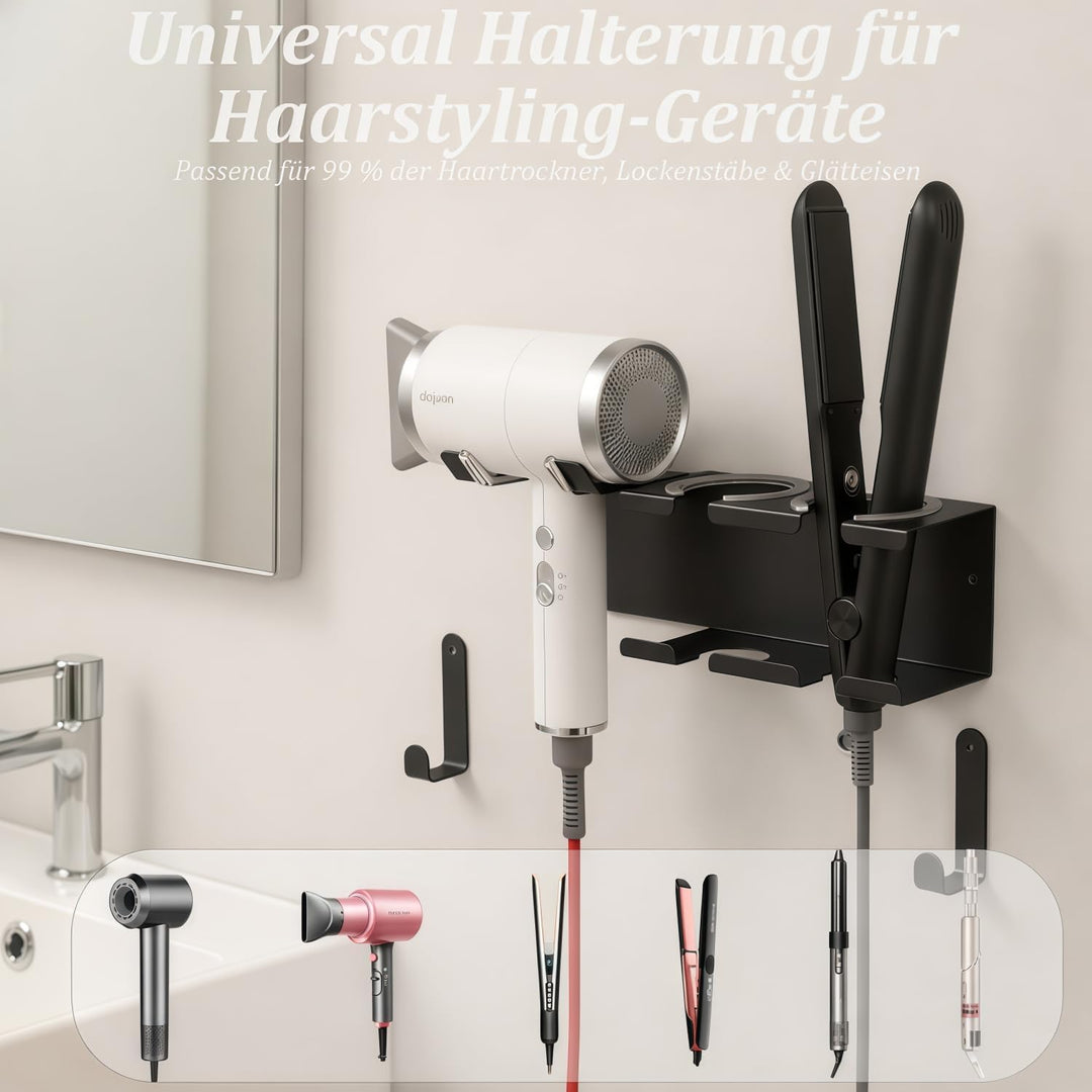 Föhn Halterung, 3in1 Fönhalter Ohne Bohren für Bad, Föhn und Glätteisen Halterung Wandmontage Haartr
