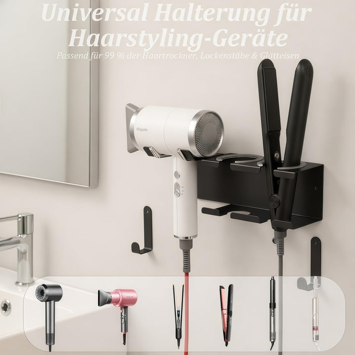 Föhn Halterung, 3in1 Fönhalter Ohne Bohren für Bad, Föhn und Glätteisen Halterung Wandmontage Haartr