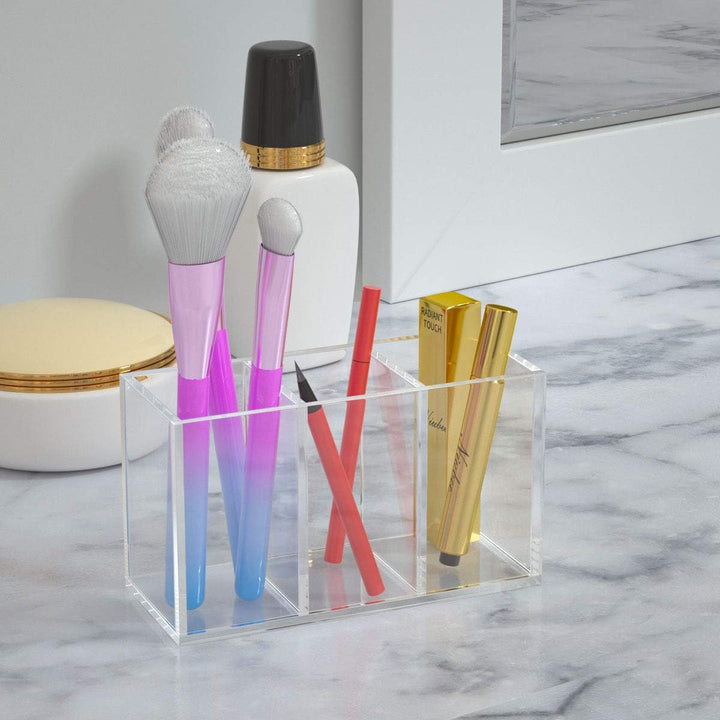 NIUBEE Stiftehalter aus Acryl, 3 Fächer, transparenter Stiftehalter für Arbeitsplatte, Schreibtisch,